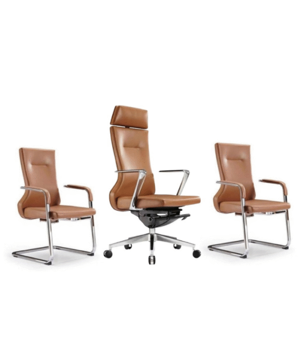 Trio fauteuils bureau cuir camel & chrome – confort & style pro
