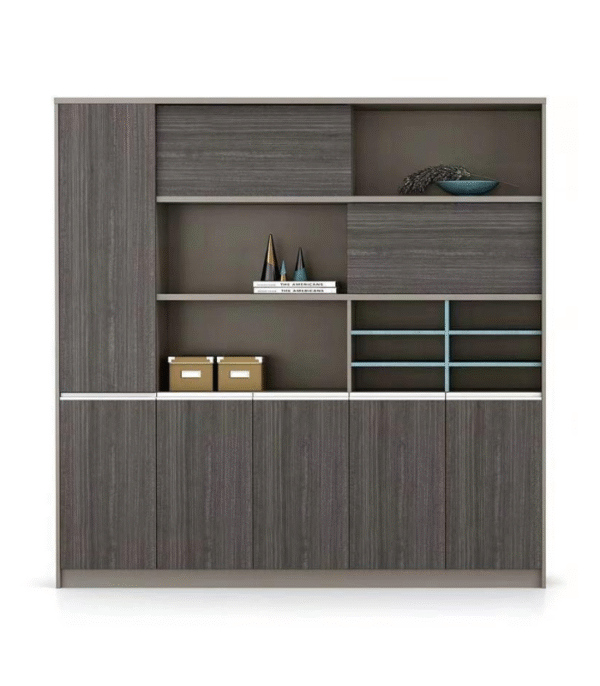 Meuble de rangement multifonction en bois texturé – design contemporain avec niches ouvertes et compartiments fermés