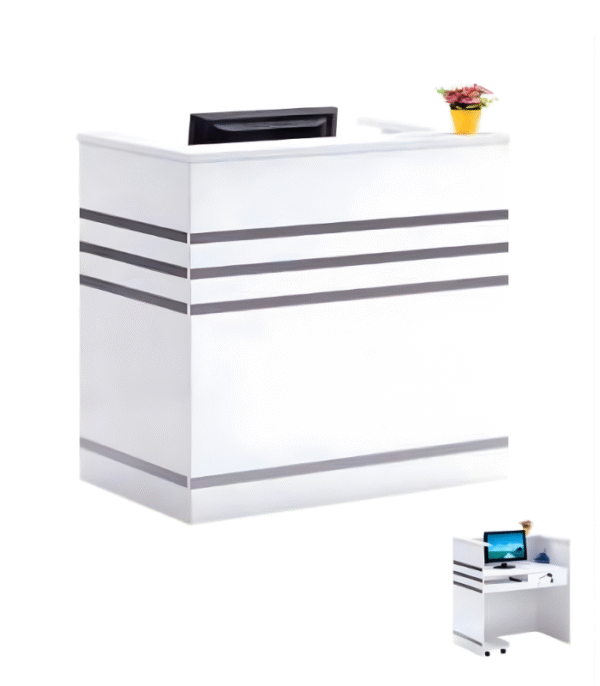 Comptoir d’accueil blanc avec bandes grises et rangement intégré – Design fonctionnel et esthétique pour réception professionnelle