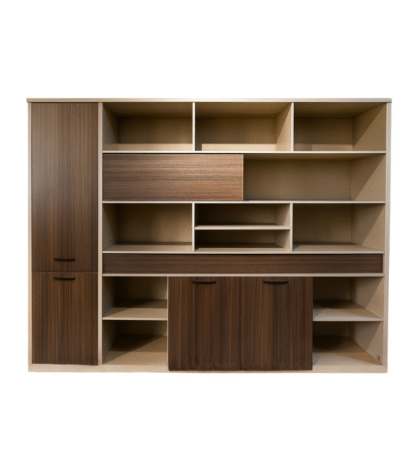 Meuble de rangement modulable en bois foncé – design contemporain avec portes et étagères ouvertes