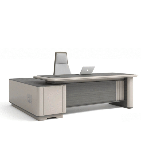 Bureau de direction contemporain – grand plateau avec retour latéral et finition bicolore gris clair et anthracite