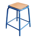 Tabouret carré bas – Assise bois & structure métal bleu