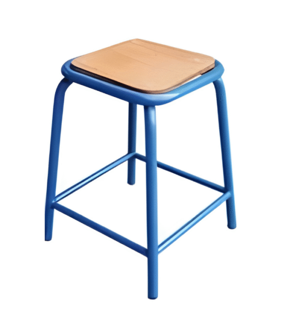 Tabouret carré bas – Assise bois & structure métal bleu