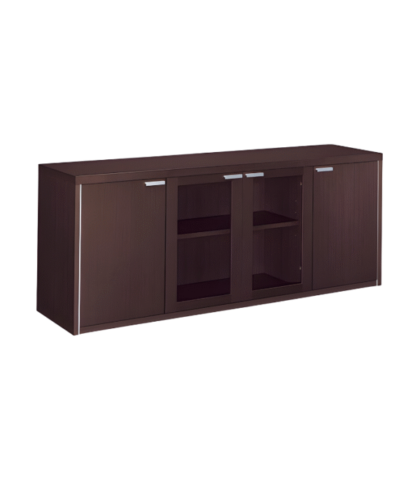 Meuble de rangement contemporain – bois foncé et vitrine centrale