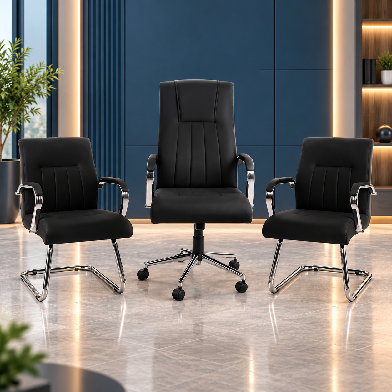Élégance noire au cœur du bureau moderne Ensemble fauteuils de bureau noir avec accoudoirs chromés – direction et visiteurs élégants – Image 1
