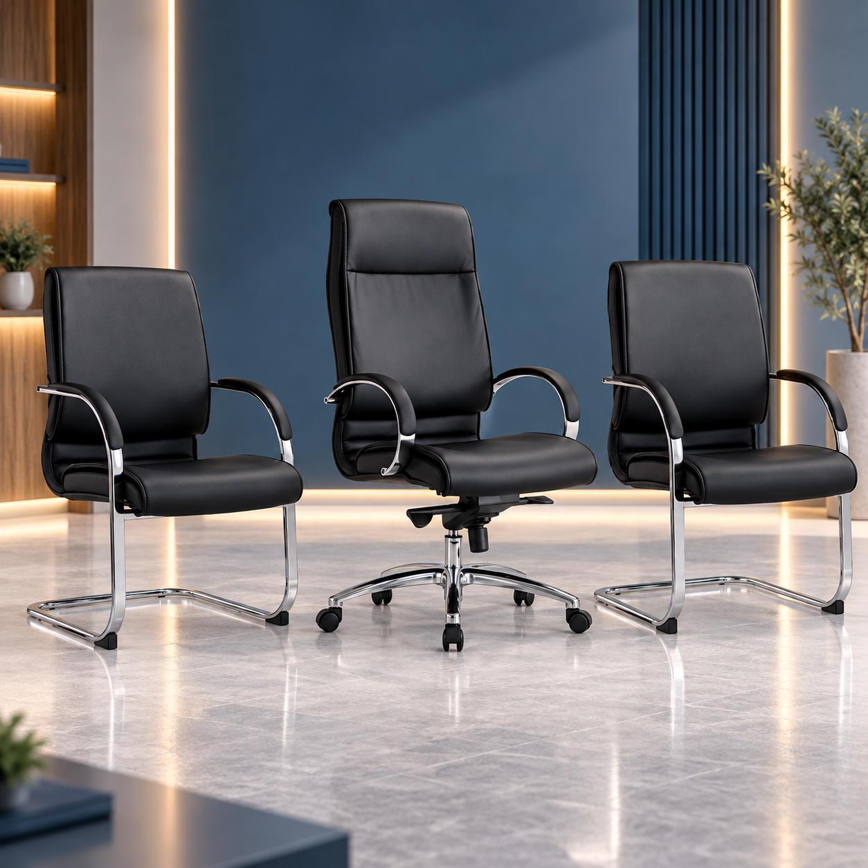 Showroom moderne aux fauteuils noirs Trio de chaises de bureau élégantes – mobilité et accueil réunis – Image 1