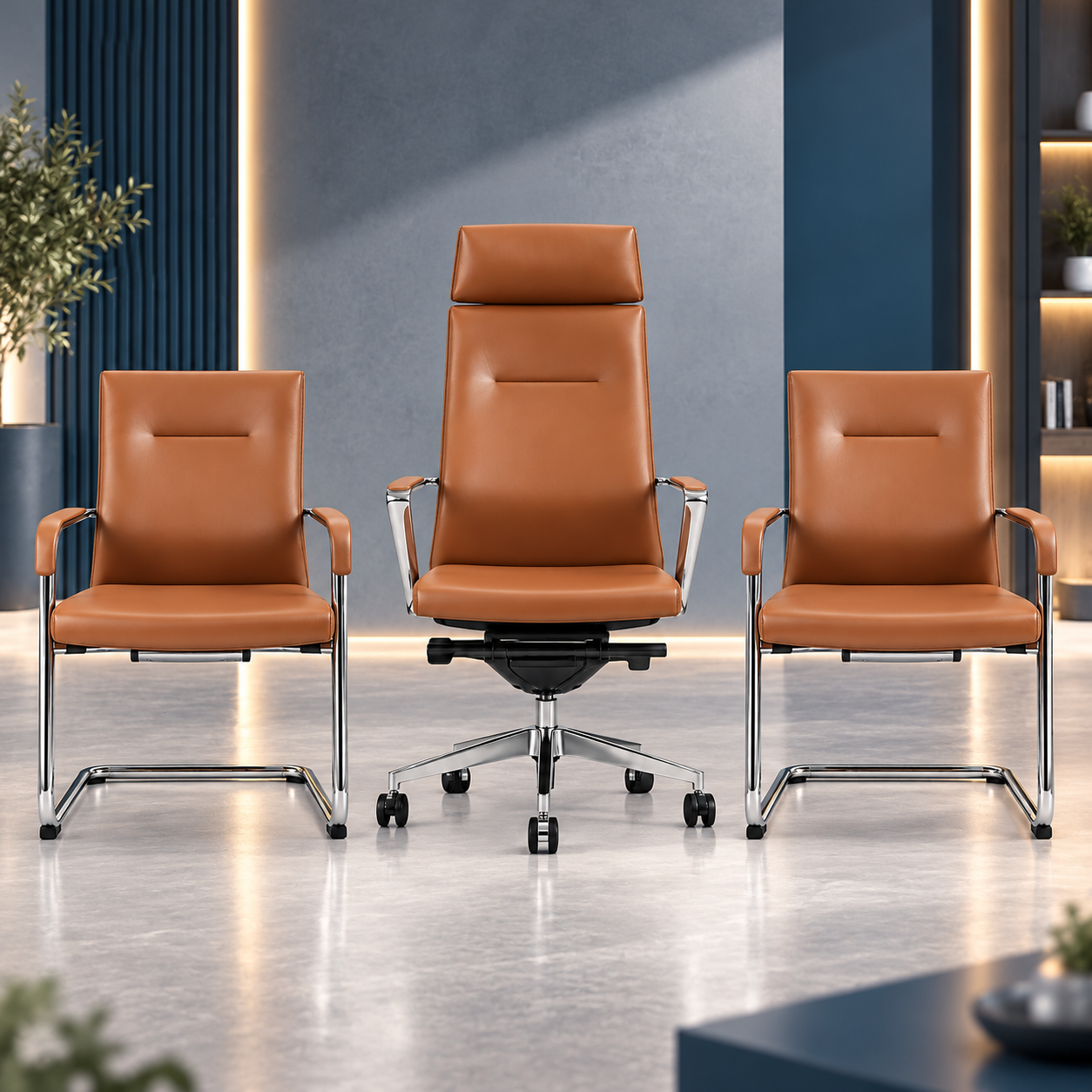 Showroom moderne avec fauteuils en cuir cognac Fauteuil Direction & Chaises Visiteur en Simili Cuir Brun – Image 1