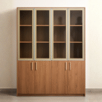 Vitrine en bois 4 portes vitrées + 4 portes pleines – Élégance naturelle et rangement structuré