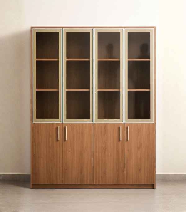 Vitrine en bois 4 portes vitrées + 4 portes pleines – Élégance naturelle et rangement structuré
